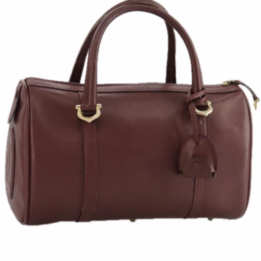 CARTIER Boston Bag Leather Bordeaux Gold Auth 102923